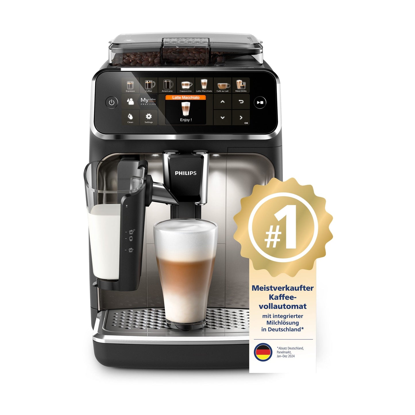 Series 5400 EP5447/90 Kaffeevollautomat Automatische Kaffeemaschine 12 Kaffeespezialitäten, mit Milchaufschäumer, LatteGo Milchsystem, Touchdisplay- 15 bar - Schwarz