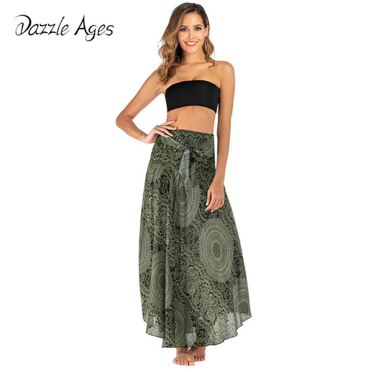 Woman Floral Skirt Basic Beach Elegant Double Sided Bohemia Sexy Leaky Back Fashion Casual Female Clothes Streetwear