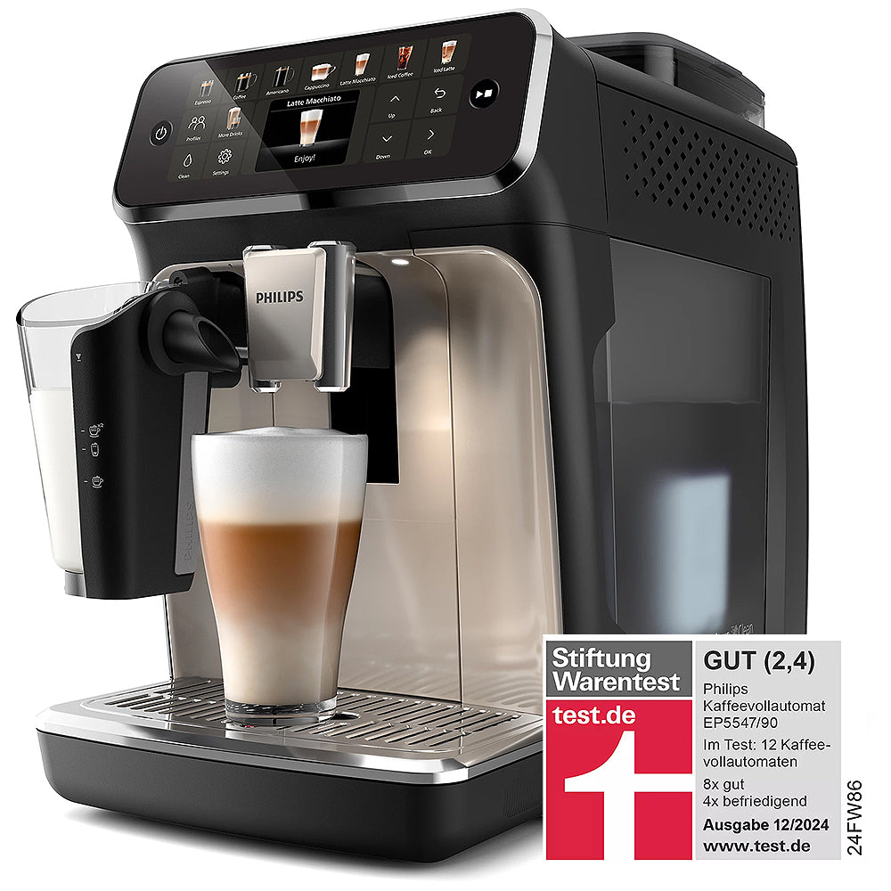 Kaffeevollautomat 5500 Series EP5547/90, 20 Kaffeespezialitäten (heiß oder eisgekühlt), LatteGo-Milchsystem, SilentBrew Technologie, Schwarz Verchromt
